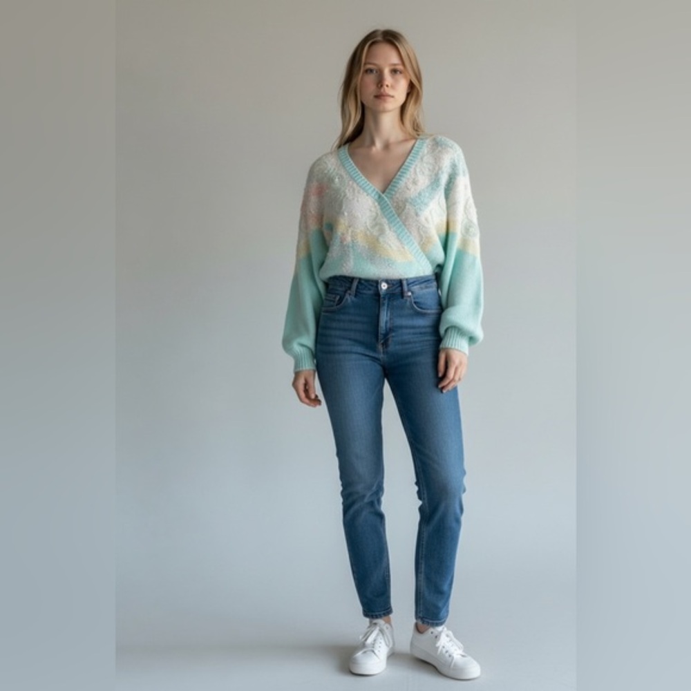 1980s Vintage Pastel Blue Soft Girl Beaded Women's Sweater Size Large